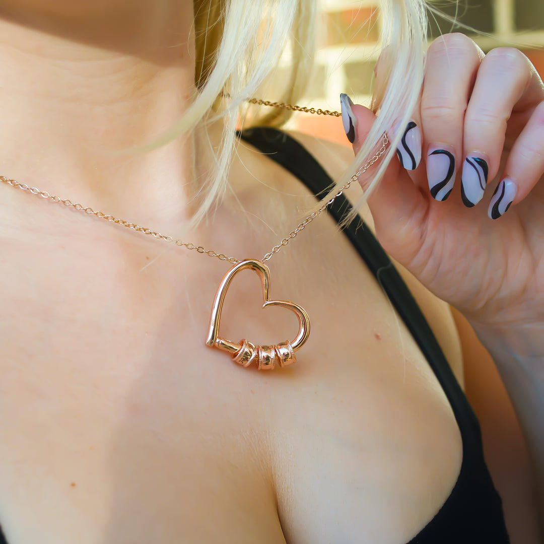 Charming Heart Necklace with Engraved Beads in 18K Rose Gold Plating