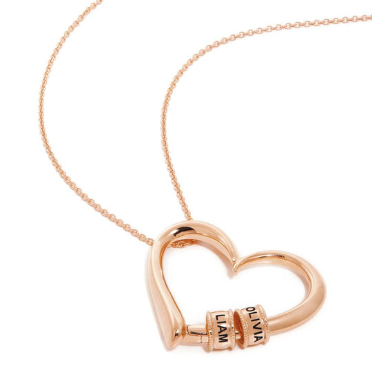 Charming Heart Necklace with Engraved Beads in 18K Rose Gold Plating